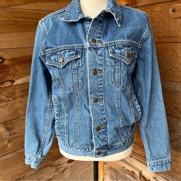 Vintage 90s Men’s Blue Denim Trucker Jeans Jacket Long Sleeved Button Front - Picture 9 of 9